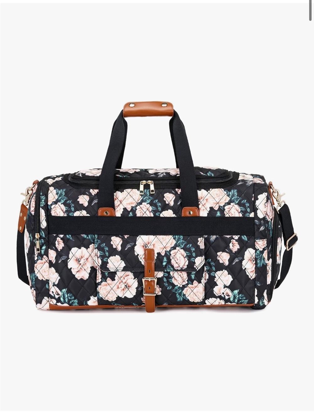 Floral Quilted Weekender Duffle Bag - Black with Blush Flowers